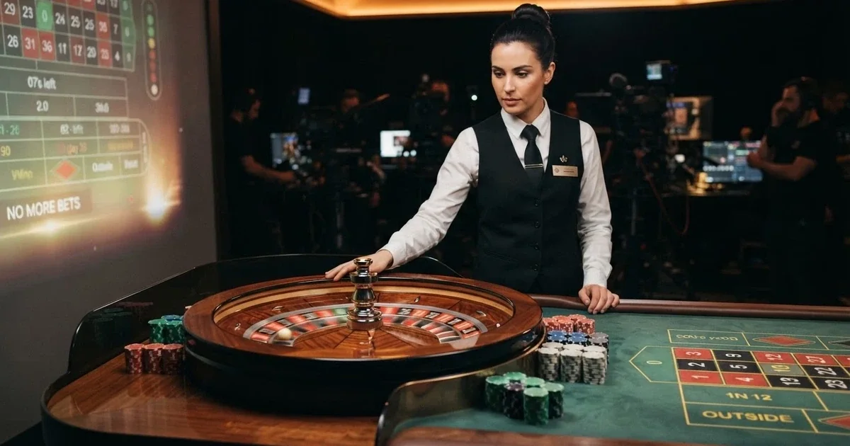 Crupier real en una mesa de ruleta en vivo con fichas, pantalla de apuestas y ambiente de estudio